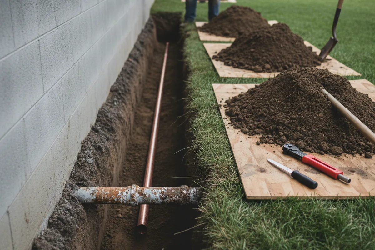 Excavated water line trench during Water Heater Repair in Brentwood